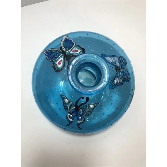 Beautiful Aqua Blue Glass fat vase with butterflies 9.5" Dia. Teal Blue Green - Picture 4 of 8
